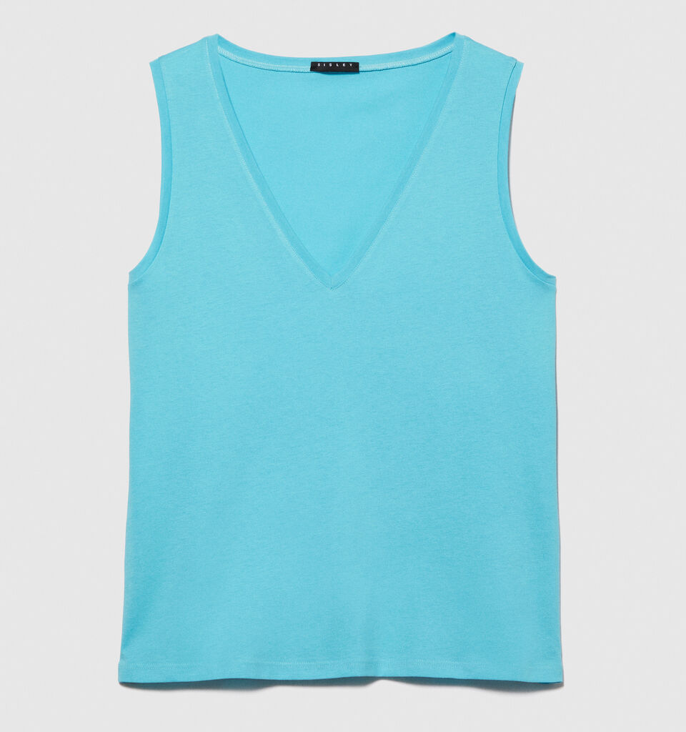 Tank top in 100% cotton - women's tops - Turquoise | Sisley image number 6